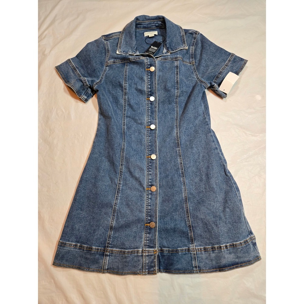 Habitual Denim Mini Dress Womens Small Balsam Blue Short Sleeve Button Front NEW